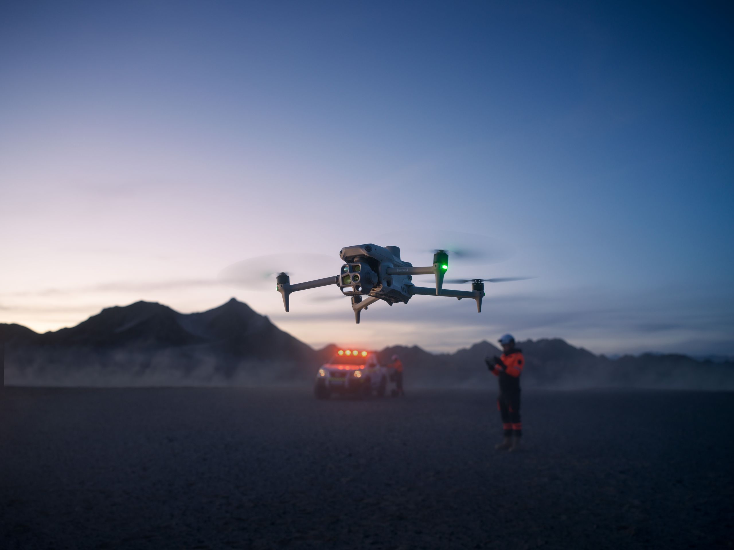 Inspection aircraft in flight at dusk